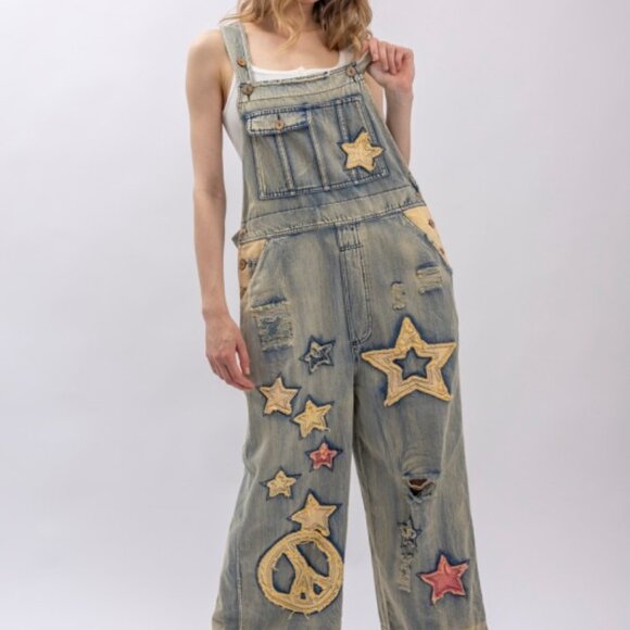 Star And Peace Patchwork Denim Bib Overalls PRE ORDER - Picture 4 of 14